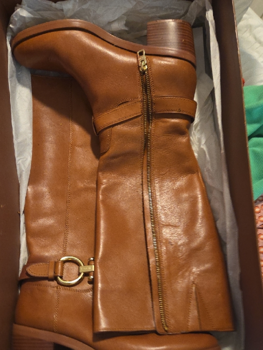 Women's Coach Tall Leather Riding Boots with Gold Buckle - Tan, Size 9 - Picture 5 of 7